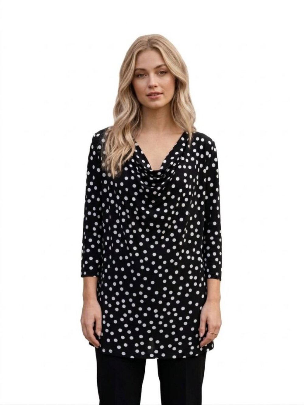Lane Bryant Black White Polka Dot Stretch Cowl Neck 3/4 Sleeve Top Size 26/28